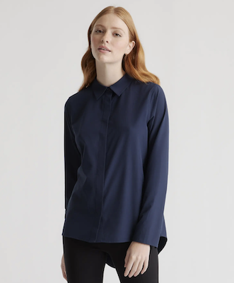woman wearing navy blouse