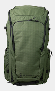Front view of a green backpack. Adventure Backpack by Outdoor Vitals.