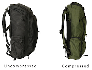 A black backpack next to a green backpack. The black pack shows the item at full size. The green item shows the pack when compression straps are used to reduce volume. Adventure Backpack by Outdoor Vitals.
