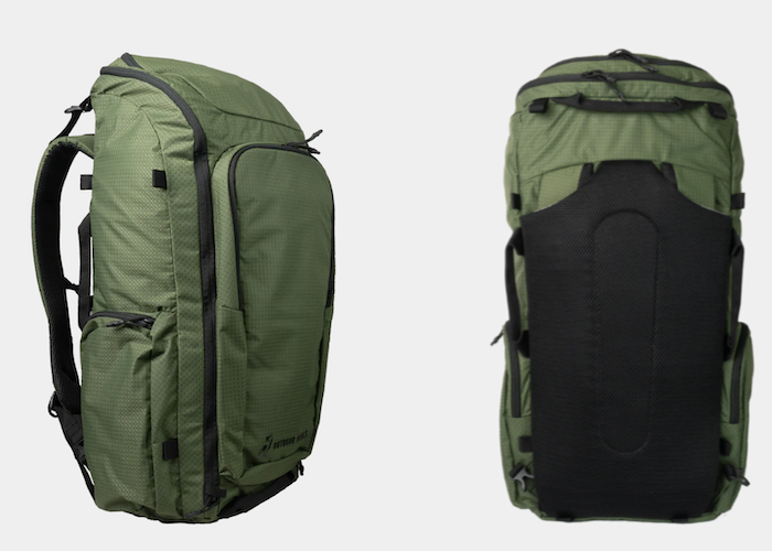 two green backpacks side-by-side. one pack is positioned to show a side view of the pack, and the other is positioned to show the back of the pack.